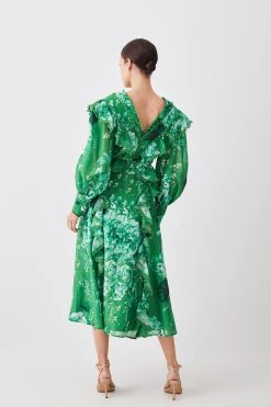 Karen Millen Petite Graphic Lace Trim Floral Woven Plunge Maxi Dress -Karen Millen shop green petite graphic lace trim floral woven plunge maxi dress 2
