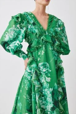 Karen Millen Petite Graphic Lace Trim Floral Woven Plunge Maxi Dress -Karen Millen shop green petite graphic lace trim floral woven plunge maxi dress 3