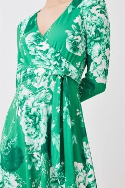 Karen Millen Petite Long Sleeve Printed Jersey Wrap Midi Dress -Karen Millen shop green petite long sleeve printed jersey wrap midi dress 1 1