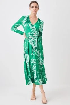 Karen Millen Petite Long Sleeve Printed Jersey Wrap Midi Dress -Karen Millen shop green petite long sleeve printed jersey wrap midi dress 1 2