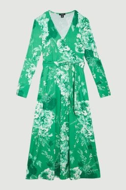 Karen Millen Petite Long Sleeve Printed Jersey Wrap Midi Dress -Karen Millen shop green petite long sleeve printed jersey wrap midi dress 1 3