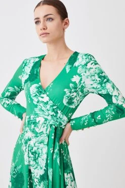 Karen Millen Petite Long Sleeve Printed Jersey Wrap Midi Dress -Karen Millen shop green petite long sleeve printed jersey wrap midi dress 1 4