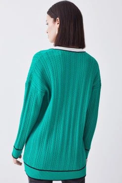 Karen Millen Petite Military Style Cable Knit Long Cardigan -Karen Millen shop green petite military style cable knit long cardigan 1