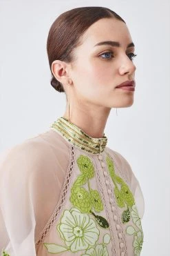 Karen Millen Petite Organdie Applique Buttoned Woven Midi Dress