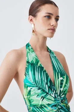 Karen Millen Petite Palm Print Halter Jersey Maxi Dress