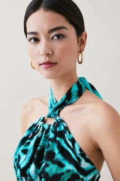 Karen Millen Petite Tiger Viscose Satin Tunic Top -Karen Millen shop green petite tiger viscose satin tunic top 2