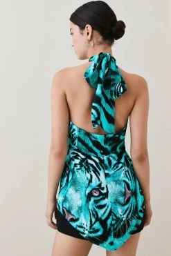 Karen Millen Petite Tiger Viscose Satin Tunic Top