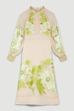Karen Millen Plus Organdie Applique Buttoned Woven Midi Dress -Karen Millen shop green plus organdie applique buttoned woven midi dress 2