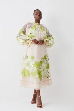 Karen Millen Plus Organdie Applique Buttoned Woven Midi Dress -Karen Millen shop green plus organdie applique buttoned woven midi dress 3