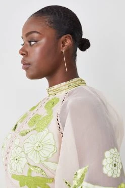 Karen Millen Plus Organdie Applique Buttoned Woven Midi Dress -Karen Millen shop green plus organdie applique buttoned woven midi dress 5