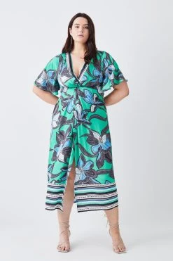 Karen Millen Plus Size Batik Floral Hammered Satin Twist Midi Dress