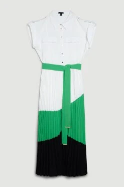 Karen Millen Plus Size Colour Block Pleated Woven Midi Shirt Dress -Karen Millen shop green plus size colour block pleated woven midi shirt dress 1