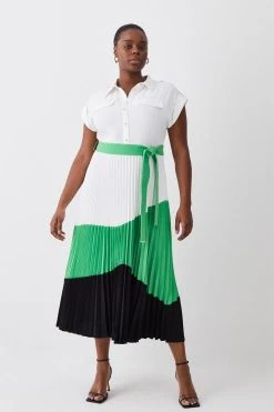 Karen Millen Plus Size Colour Block Pleated Woven Midi Shirt Dress -Karen Millen shop green plus size colour block pleated woven midi shirt dress 2
