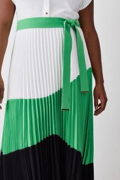 Karen Millen Plus Size Colour Block Pleated Woven Midi Shirt Dress -Karen Millen shop green plus size colour block pleated woven midi shirt dress 3