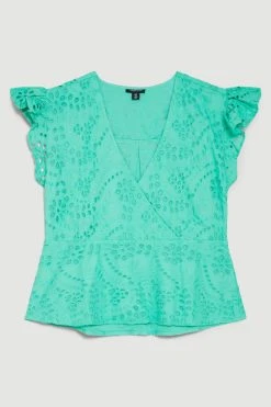 Karen Millen Plus Size Cotton Broderie Ruffle Sleeve Top -Karen Millen shop green plus size cotton broderie ruffle sleeve top 3