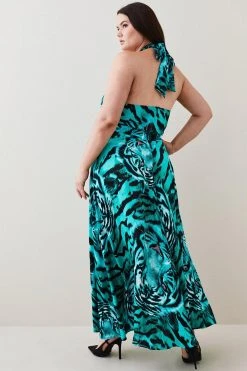 Karen Millen Plus Size Tiger Viscose Satin Maxi Dress -Karen Millen shop green plus size tiger viscose satin maxi dress 2