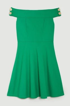Karen Millen Ponte Rivet Detail Bardot Skater Mini Dress -Karen Millen shop green ponte rivet detail bardot skater mini dress 1