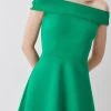 Karen Millen Ponte Rivet Detail Bardot Skater Mini Dress -Karen Millen shop green ponte rivet detail bardot skater mini dress