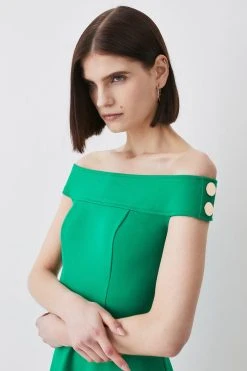 Karen Millen Ponte Rivet Detail Bardot Skater Mini Dress -Karen Millen shop green ponte rivet detail bardot skater mini dress 2