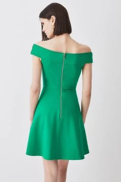 Karen Millen Ponte Rivet Detail Bardot Skater Mini Dress -Karen Millen shop green ponte rivet detail bardot skater mini dress 3
