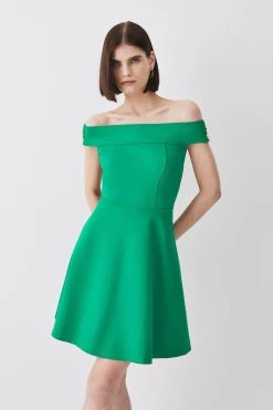 Karen Millen Ponte Rivet Detail Bardot Skater Mini Dress -Karen Millen shop green ponte rivet detail bardot skater mini dress 4