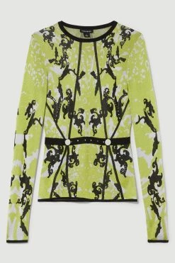 Karen Millen Slinky Jacquard Full Sleeve Knit Top -Karen Millen shop green slinky jacquard full sleeve knit top 1