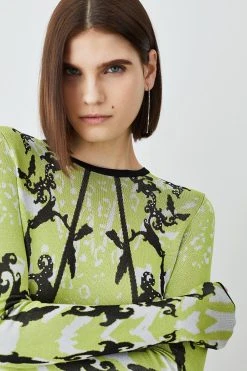 Karen Millen Slinky Jacquard Full Sleeve Knit Top -Karen Millen shop green slinky jacquard full sleeve knit top 2