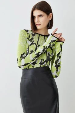 Karen Millen Slinky Jacquard Full Sleeve Knit Top -Karen Millen shop green slinky jacquard full sleeve knit top 3