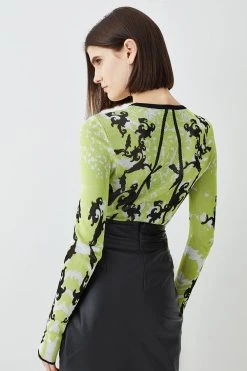 Karen Millen Slinky Jacquard Full Sleeve Knit Top -Karen Millen shop green slinky jacquard full sleeve knit top 4