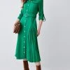 Karen Millen Soft Tailored Pleat Panel Sleeved Belted Midi Dress -Karen Millen shop green soft tailored pleat panel sleeved belted midi dress