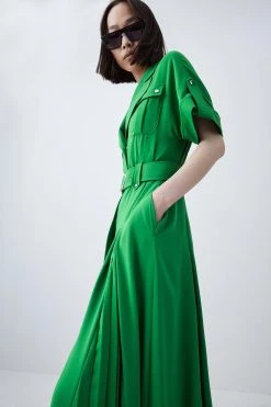 Karen Millen Soft Tailored Pleated Shirt Maxi Dress -Karen Millen shop green soft tailored pleated shirt maxi dress 3