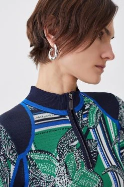 Karen Millen Tall Floral Abstract Jacquard Knit Zip Neck Mini Dress -Karen Millen shop green tall floral abstract jacquard knit zip neck mini dress 3
