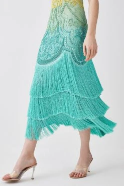Karen Millen Tall Ombre Fringe Woven Midi Dress 8 Karen Millen Tall Ombre Fringe Woven Midi Dress -Karen Millen shop green tall ombre fringe woven midi dress 1