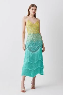 Karen Millen Tall Ombre Fringe Woven Midi Dress 10 Karen Millen Tall Ombre Fringe Woven Midi Dress -Karen Millen shop green tall ombre fringe woven midi dress 3