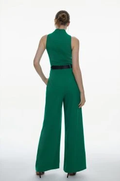 Karen Millen Tall Structured Crepe Halter Neck Belted Wide Leg Jumpsuit -Karen Millen shop green tall structured crepe halter neck belted wide leg jumpsuit 2