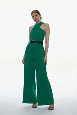 Karen Millen Tall Structured Crepe Halter Neck Belted Wide Leg Jumpsuit -Karen Millen shop green tall structured crepe halter neck belted wide leg jumpsuit 3