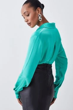 Karen Millen Tall Viscose Satin Boyfriend Shirt -Karen Millen shop green tall viscose satin boyfriend shirt 2