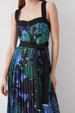 Karen Millen Top Stitch Pleated Butterfly Detail Woven Midi Dress