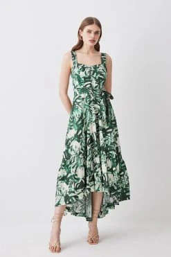 Karen Millen Tropical Belted Strappy Cotton Woven Maxi Dress -Karen Millen shop green tropical belted strappy cotton woven maxi dress 4