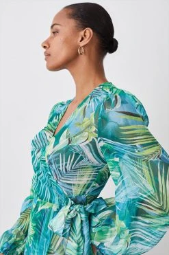 Karen Millen Tropical Printed Plunge Woven Beach Drama Maxi Dress