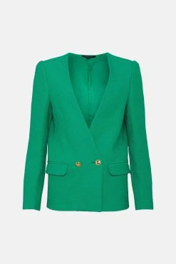 Karen Millen Tweed Collarless Tailored Jacket -Karen Millen shop green tweed collarless tailored jacket 1