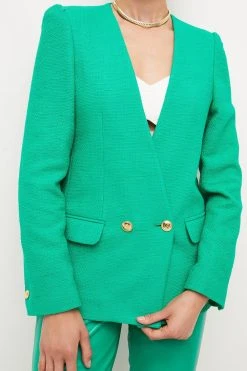 Karen Millen Tweed Collarless Tailored Jacket -Karen Millen shop green tweed collarless tailored jacket 2