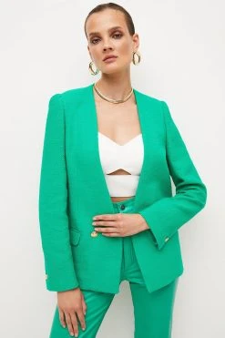 Karen Millen Tweed Collarless Tailored Jacket -Karen Millen shop green tweed collarless tailored jacket 3