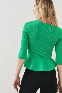 Karen Millen V Neck Half Sleeve Peplum Rib Knit Top -Karen Millen shop green v neck half sleeve peplum rib knit top 1