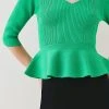Karen Millen V Neck Half Sleeve Peplum Rib Knit Top 1 Karen Millen V Neck Half Sleeve Peplum Rib Knit Top -Karen Millen shop green v neck half sleeve peplum rib knit top