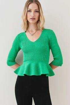 Karen Millen V Neck Half Sleeve Peplum Rib Knit Top -Karen Millen shop green v neck half sleeve peplum rib knit top 4