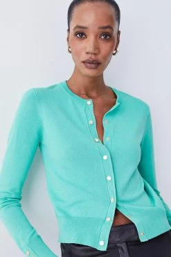 Karen Millen Viscose Blend Knitted Crew Neck Cardigan -Karen Millen shop green viscose blend knitted crew neck cardigan 1