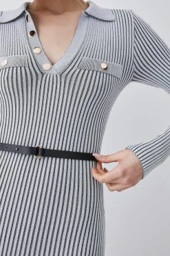 Karen Millen Buttoned Collar Pocket Front Midi Dress -Karen Millen shop grey buttoned collar pocket front midi dress 3