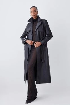 Karen Millen Clean Longline Leather Trench -Karen Millen shop grey clean longline leather trench 3