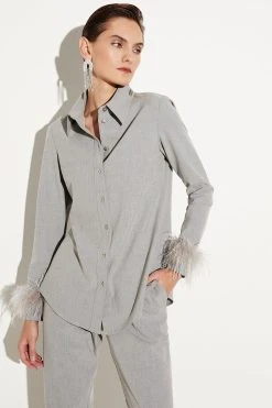 Karen Millen Feather Cuff Detail Shirt -Karen Millen shop grey feather cuff detail shirt 1